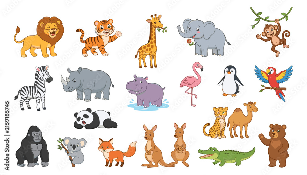 Obraz premium Cute Zoo Animal Character Vector Illustration Set with Happy Jungle and Safari Wildlife Icons for Kids Nursery Decoration and Back to School Educational Designs