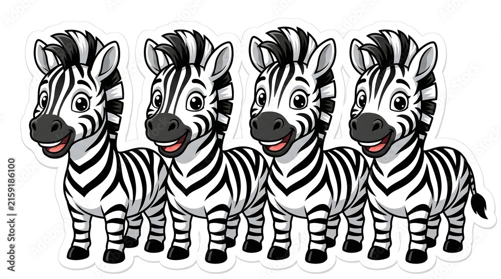 Fototapeta Cartoon zebra sticker set, four cute baby zebras with black and white stripes, playful safari animal characters for kids