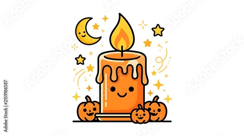 A cute cartoon candle with a smiling face surrounded by small happy pumpkins under a crescent moon and stars for autumn holiday design