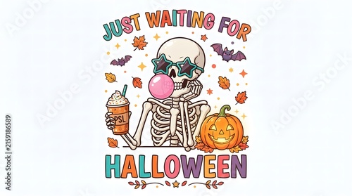 A colorful skeleton blowing a pink bubble gum bubble while holding a coffee cup and sitting next to a carved jack o lantern