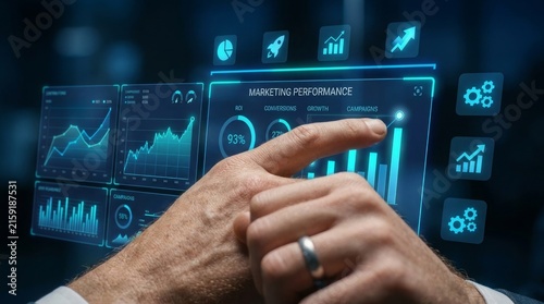 Hand interacting with holographic marketing performance dashboard