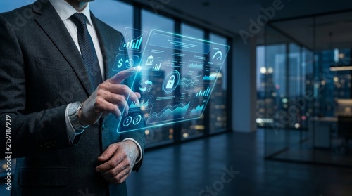 Business professional interacting with holographic financial data interface