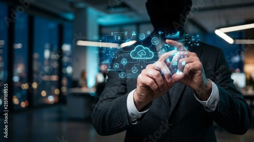 Person using holographic interface with cloud technology display