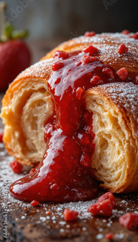 Delicious croissant filled with rich strawberry jam, topped with fresh strawberry pieces and dusting of powdered sugar, creating tempting dessert experience