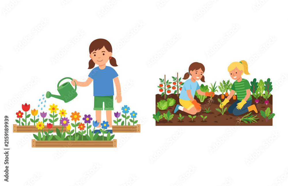 Naklejka premium Cute Children Gardening Together Watering Flowers and Planting Vegetables in a Garden Bed