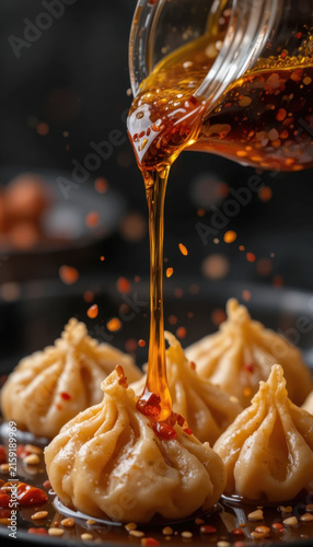 Delicious dumplings are drizzled with rich, spicy sauce, creating mouthwatering scene. vibrant colors and textures invite sense of warmth and comfort, perfect for food lovers