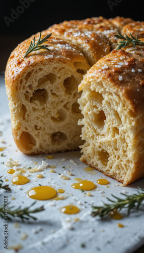 Freshly baked bread with golden crust, showcasing soft, airy interior. Garnished with herbs and drizzled with olive oil, this rustic loaf is perfect for sharing