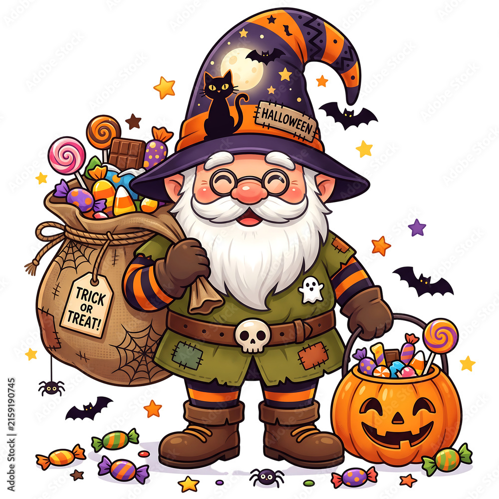 Fototapeta premium Halloween Gnome with Candy Bag and Jack o lantern Pumpkin Clipart on Transparent Background