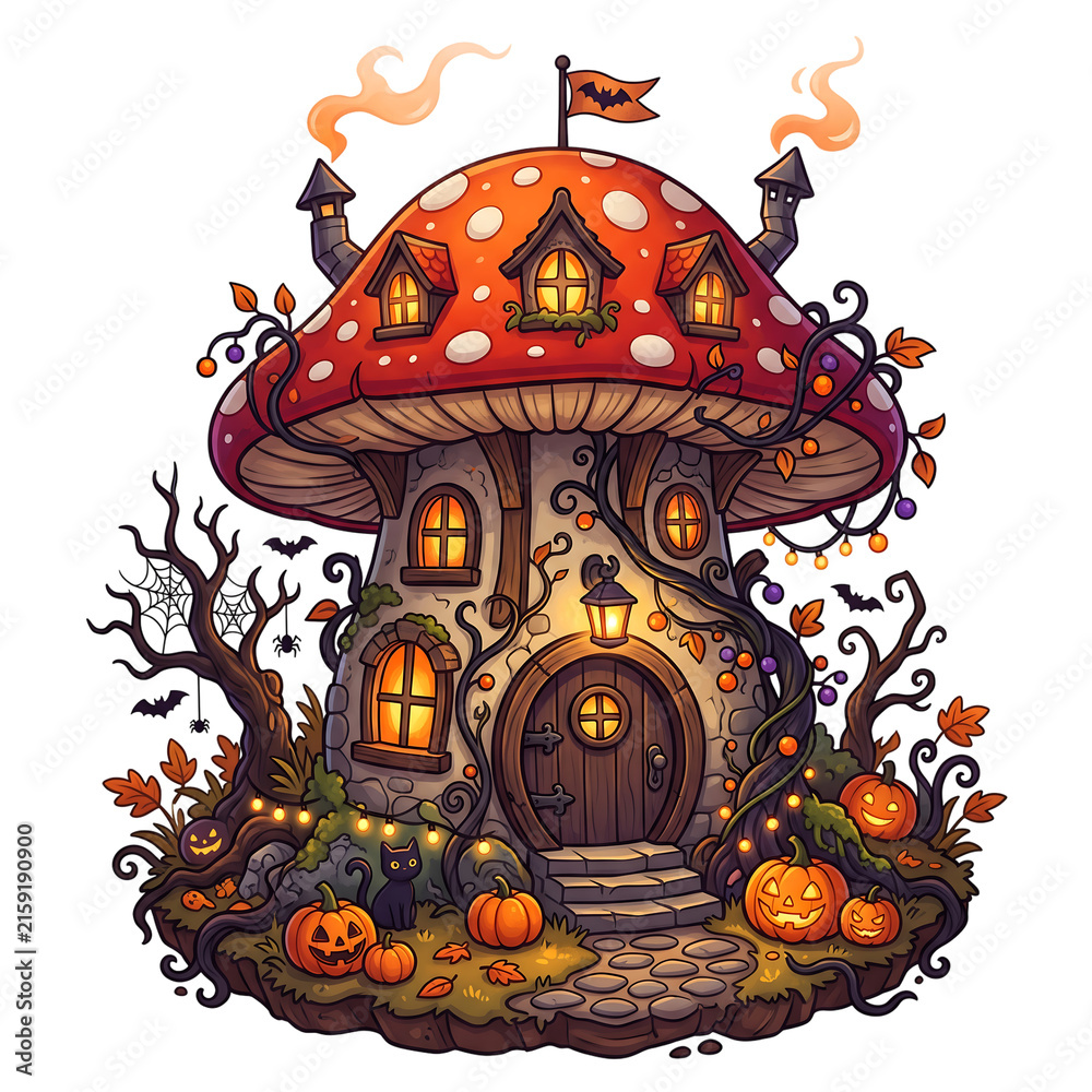 Fototapeta premium Whimsical Halloween Mushroom House with Pumpkin and Spooky Decor Clipart on Transparent Background