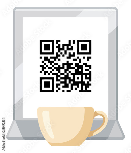 Qr code on a table stand with a coffee cup