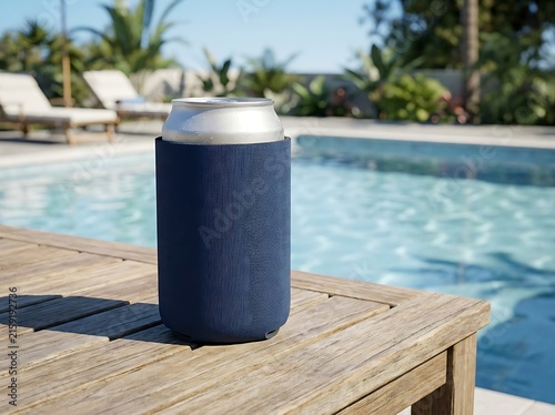 Purple beverage can cooler sitting on a wooden pool deck on a sunny summer day. koozie mockup psd