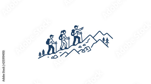 Minimalist Mountain Hiking Group Outline Illustration
