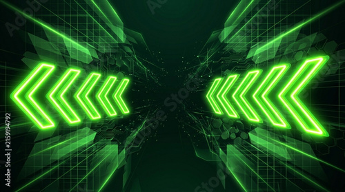 Futuristic Green Neon Arrow Light Path with Transparent Background and Isolated on White Tech Design