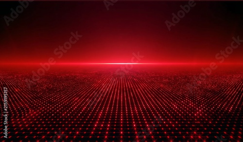 Abstract red glowing particle grid creating an immersive futuristic landscape with a bright horizon line, ideal for tech concepts.