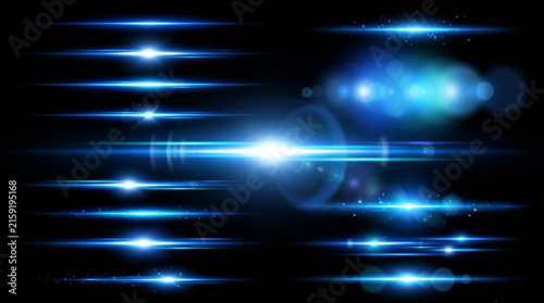 Blue Anamorphic Lens Flare Light Streaks Collection on Transparent Background Isolated on White