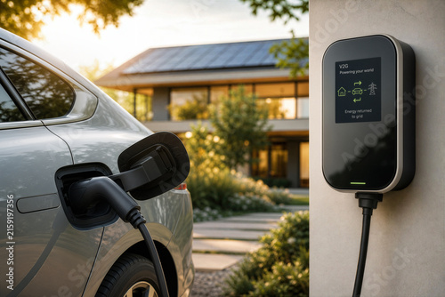 Electric vehicle plugged into smart bidirectional V2G charging wallbox at luxury modern home showing energy returning to grid sustainable energy storage power management home infrastructure