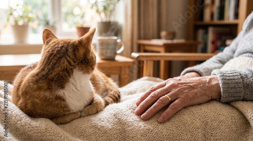 Foto A heartwarming scene of an elderly person gently stroking a domestic cat in a co