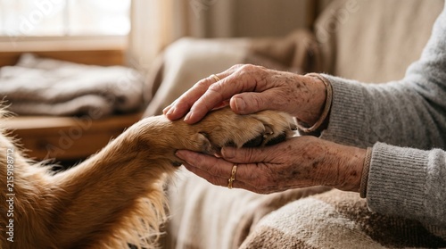 Senior person gently holding a dog's paw, showing love and companionship