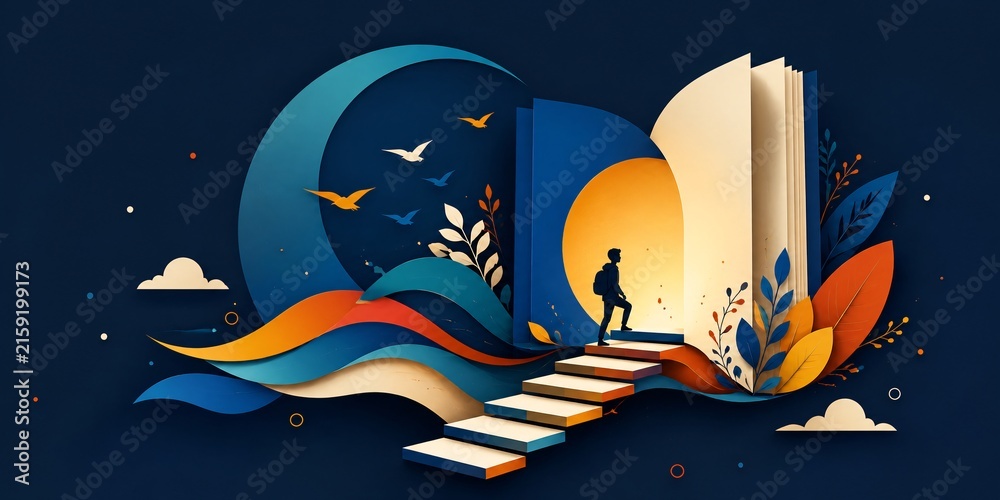 Naklejka premium Conceptual illustration of open book with staircase and person walking