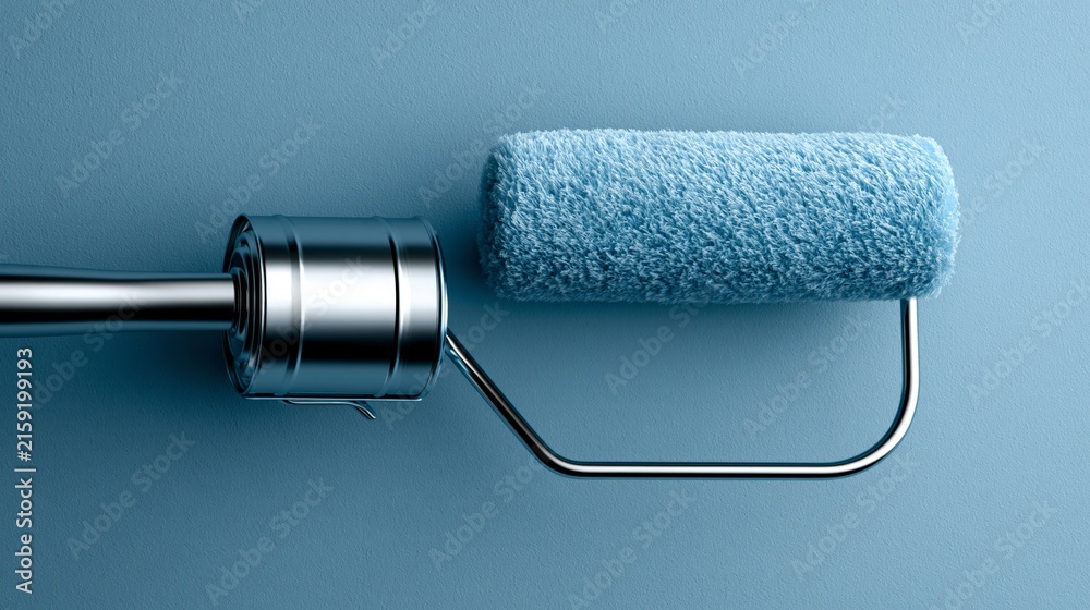 Obraz premium A close-up of a blue paint roller against a soft blue background, perfect for DIY projects.