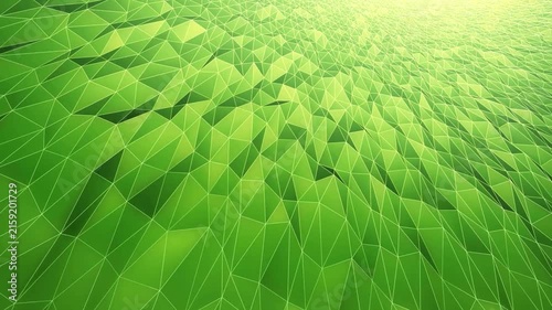 Abstract green low poly landscape animation features moving geometric triangular mesh surface with glowing horizon creating dynamic digital motion background.