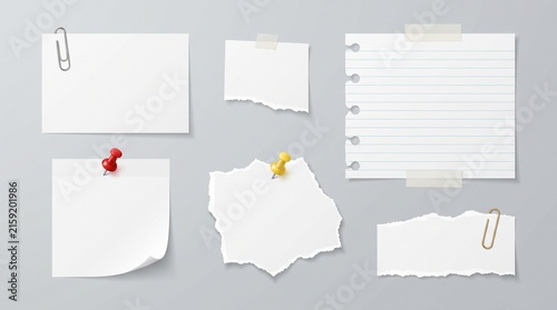 Set of realistic blank paper notes, torn pages, sticky notes with push pins, clips, and tape