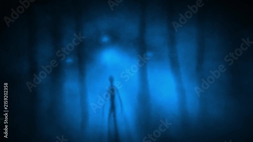 Creepy alien humanoid silhouette in rays of light. 2D animation in sci-fi horror genre. Blue background color. Vj loop video. Spooky animated short film. Gloomy ghost in haze.