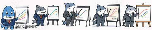 Set of cute shark vectors presenting work charts
