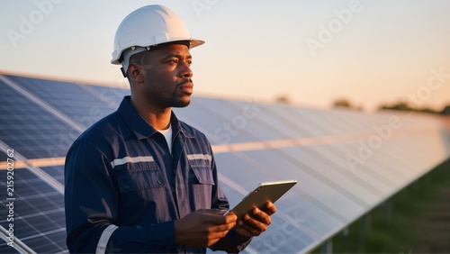 Focused African engineer in white hard hat monitoring solar panel efficiency at golden hour sunset