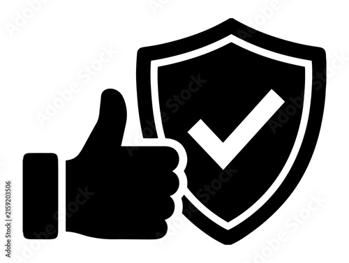 Security shield icon featuring a checkmark alongside a thumbs up gesture symbol security protection checkmark approved