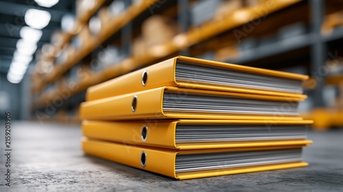 Stack of yellow binders in a warehouse, representing organization and efficiency.
