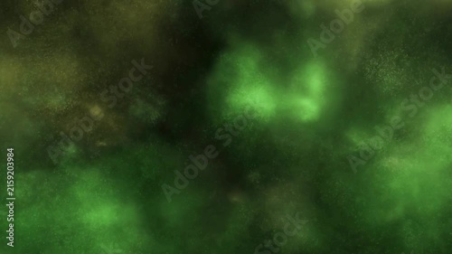 Abstract green mist swirls and flows in a mystical dark void, creating a captivating and otherworldly atmosphere with subtle golden glowing particles dancing.