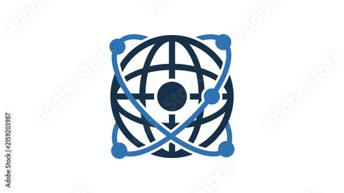 Animated global network and technology orbit icon on white background