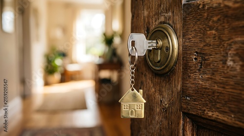 Close up view of a brass key in a wooden front door lock featuring a miniature house keychain