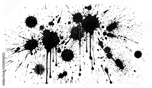 Black ink splatters on white background with drips during abstract expressionist creation for graphic design