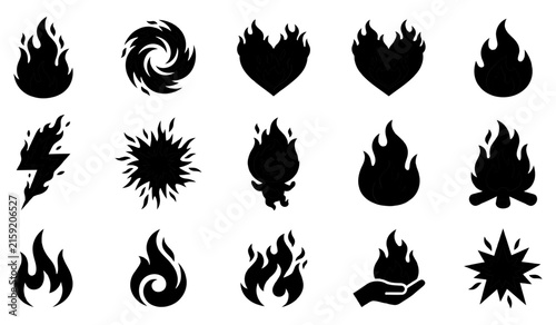 Collection of diverse stylized fire icons and symbols in silhouette against a white background