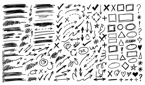 Hand drawn doodle elements with arrows scribbles and shapes on white background for creative design