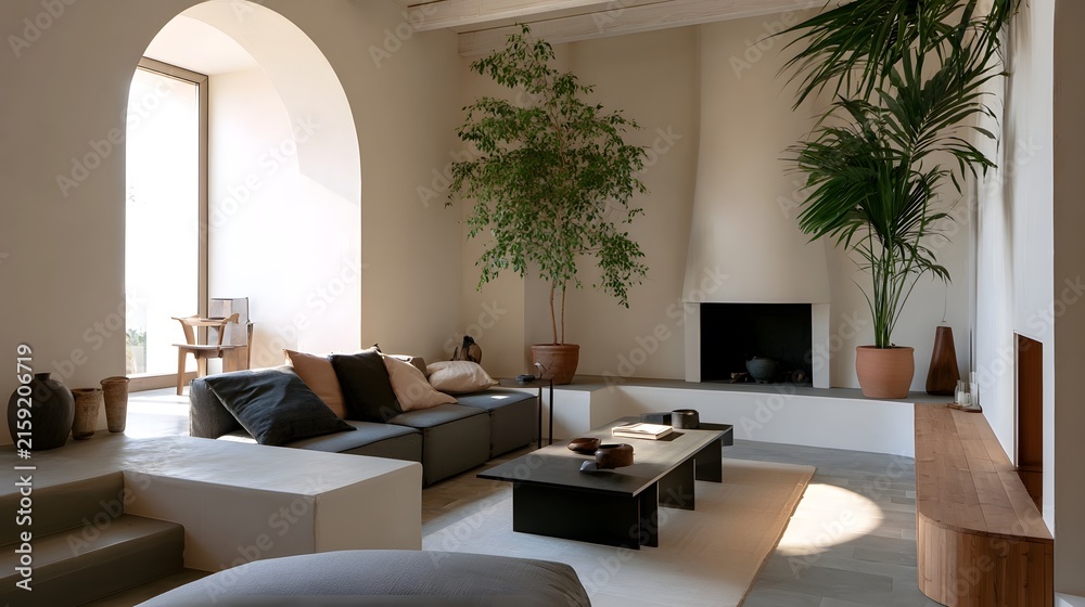 Fototapeta premium A minimalist living room features curved plaster walls large potted plants and natural light through an arched window