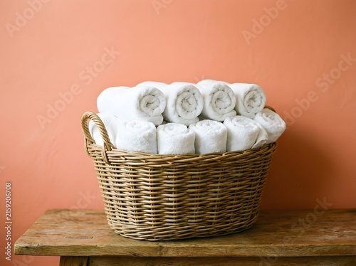Freshly Rolled White Towels in a Wicker Basket for Spa and Wellness