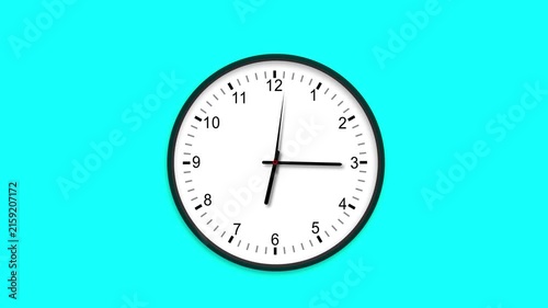 Minimalist analog wall clock with moving hands spinning rapidly against a solid bright cyan background, representing the concept of passing time, urgency, deadlines, and efficient time management