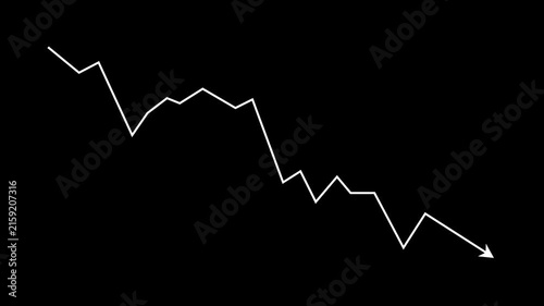 Minimalist white line graph showing financial market downtrend and economic recession analysis with sharp arrow pointing downwards on a solid black background, for business presentations