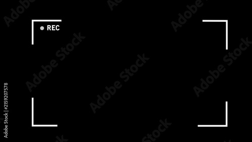 Camera recording overlay interface with blinking rec indicator and white frame markers on a solid black background, for cinematic filmmaking, broadcast production, and, digital media editing