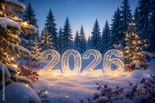 Illuminated 2026 Numbers in Snowy Christmas Forest at Blue Hour
