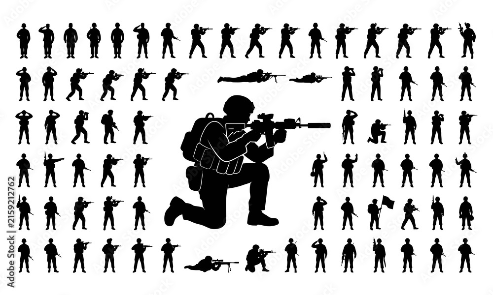 Naklejka premium Extensive set of military soldier silhouettes for tactical combat visualization