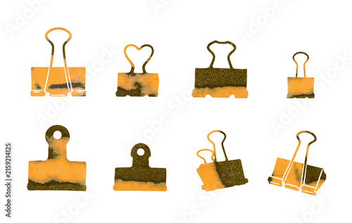 Set of Eight Assorted Grunge Binder Clips with Different Sizes and Decorative Wire Handles Isolated on a Transparent Background