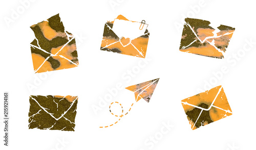 Set of Six Assorted Grunge Envelopes with Open Letters, Heart Seal and Flying Paper Plane Isolated on a Transparent Background
