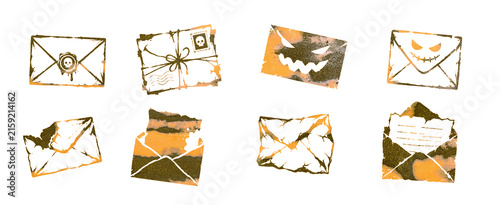 Set of Eight Grunge Halloween Envelopes with Skull Seal, Evil Faces, Spiderweb and Open Letters Isolated on a Transparent Background
