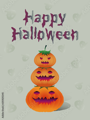 Happy Halloween Greeting Card Layout with Stacked Jack-O-Lantern Pumpkin Tower and Gothic Typography