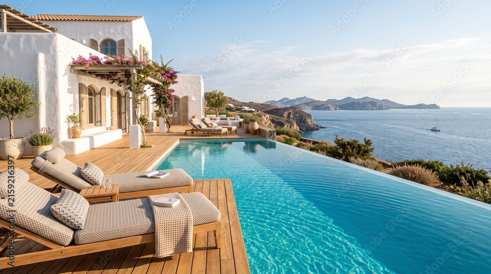 Fototapeta premium Luxury Villa with Infinity Pool Overlooking the Aegean Sea in Greece