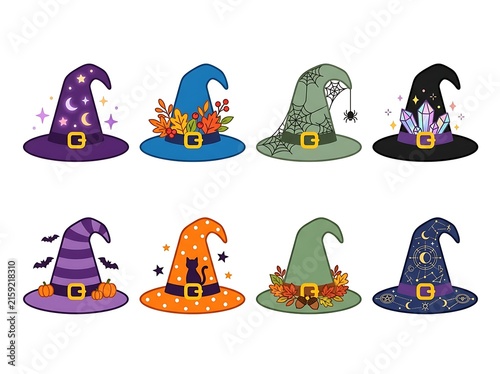 Colorful Halloween Witch Hats with Various Thematic Decorations Isolated Designs